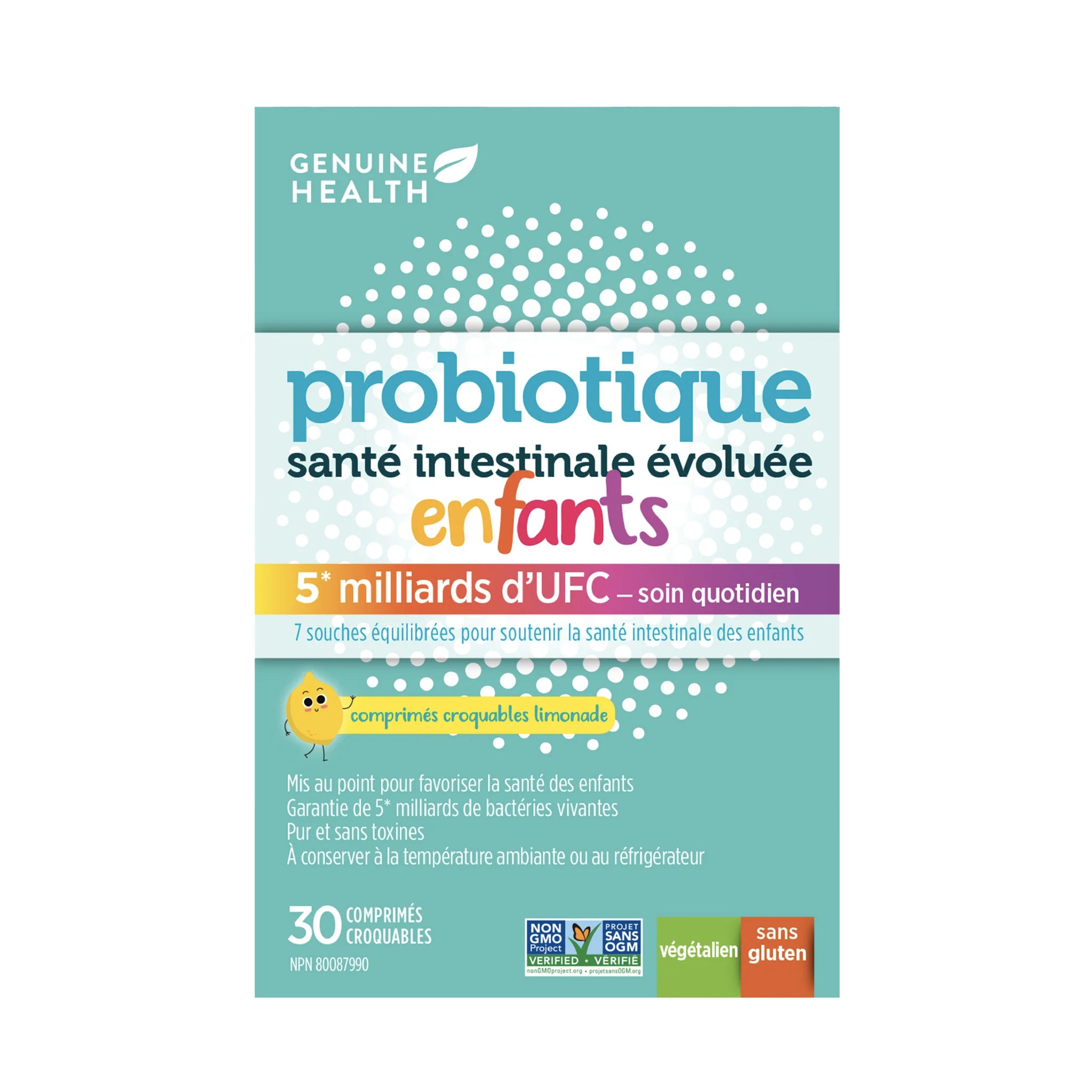 Probiotiques pour enfants 5 milliards - Genuine Health - 30 comprimés à croquer - Saveur de limonade